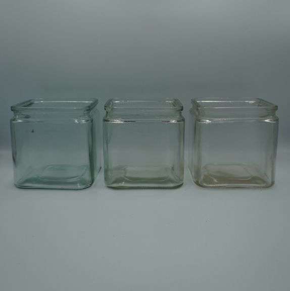 Collection of Short Square Glass Vases – Clear, Red & Blue