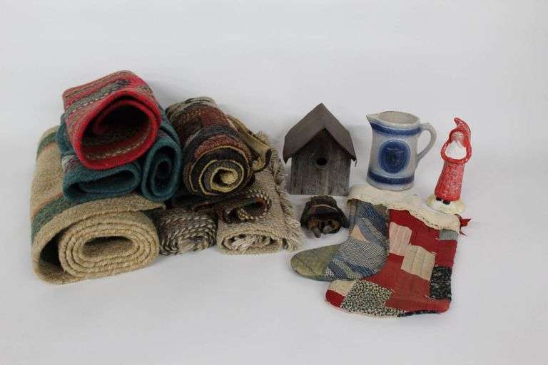 SCATTER RUGS, STOCKINGS, WOOD BIRDHOUSE, STONEWARE PITCHER, AND ...