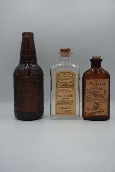 Trio of Vintage Apothecary & Soda Bottles: Sarsaparilla, White Pine Tar, and Cheracol