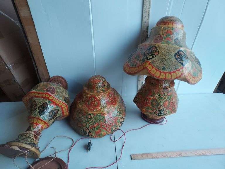 2 Primitive Oriental Handmade/Painted Paper Mache Lamps, Need Repaired