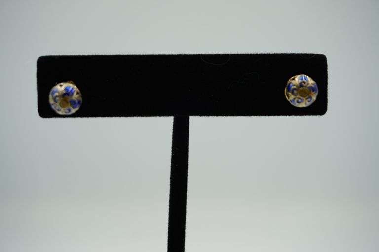 Cloisonné Enamel Blue and Gold Stud Earrings