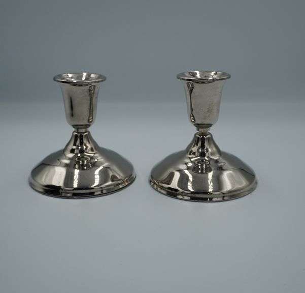 Pair of Silver-Plated Candlesticks and a Single Chamberstick Candle Holder