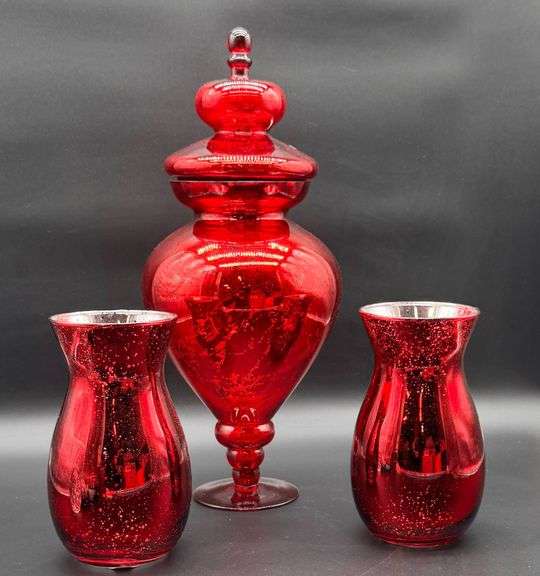 Red Mercury Glass Apothecary Jar and Pair of Matching Vases