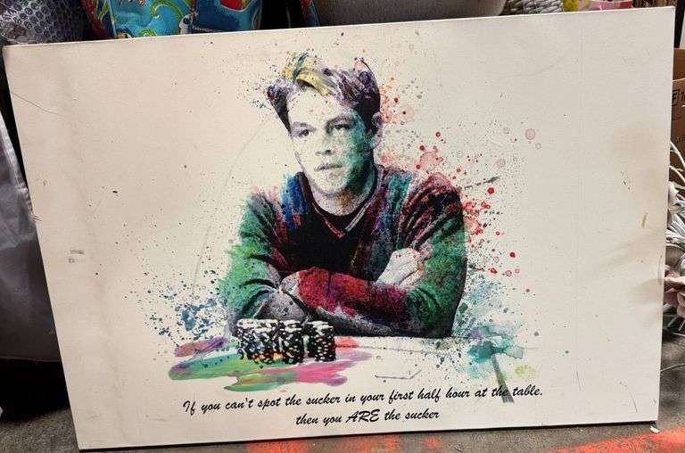 Poker-Inspired Canvas Artwork Featuring Colorful Portrait and Quote