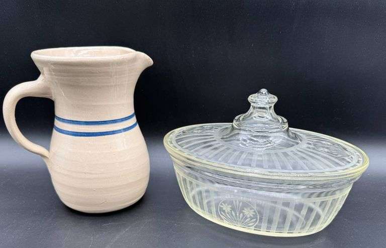 Stoneware Pitcher by Marshall Pottery and Lidded Glass Dish with Patterned Design
