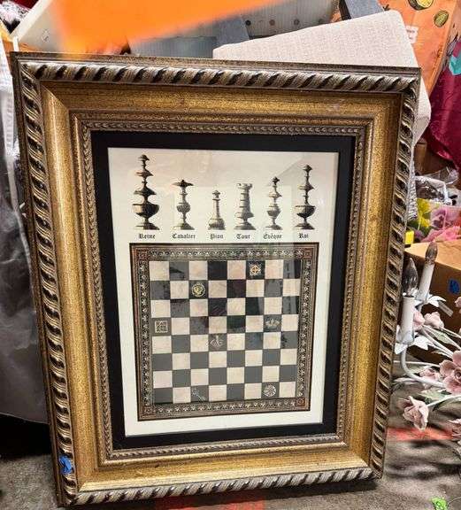 Framed Chess-Themed Artwork with Ornate Golden Frame