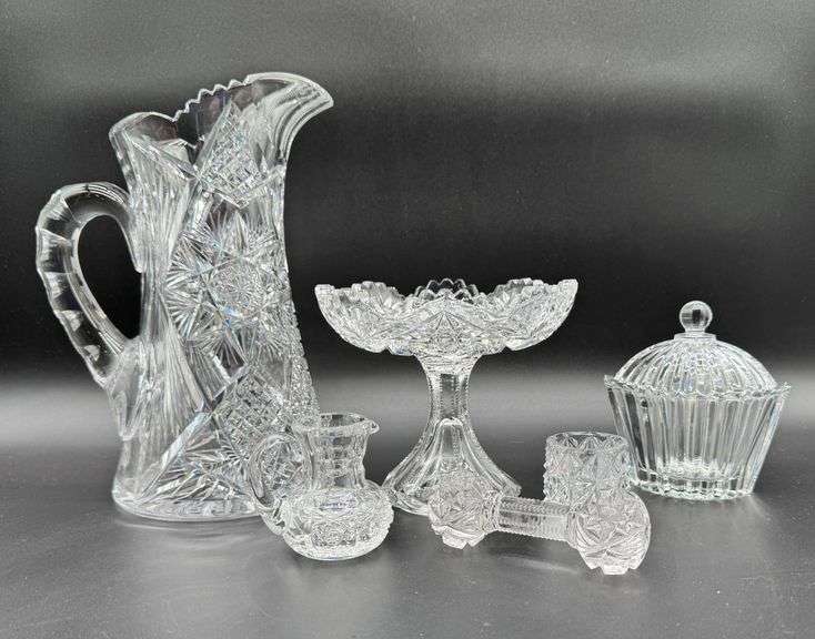 Cut Glass Crystal Lot Including Pitcher, Compote, and Covered Dish