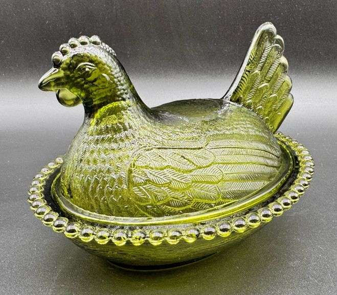 Indiana Glass Green Hen-on-Nest Covered Dish with Beaded Edge