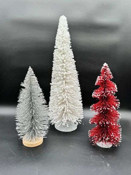 3 Decorative Bottle Brush Trees in Silver, White, and Red
