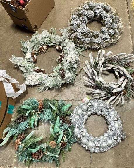 Five Decorative Holiday Wreaths with Greenery and Accents