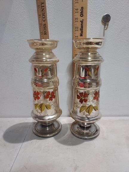 Antique Mercury Vases, Hand Painted Flower Design, 10.5" Tall