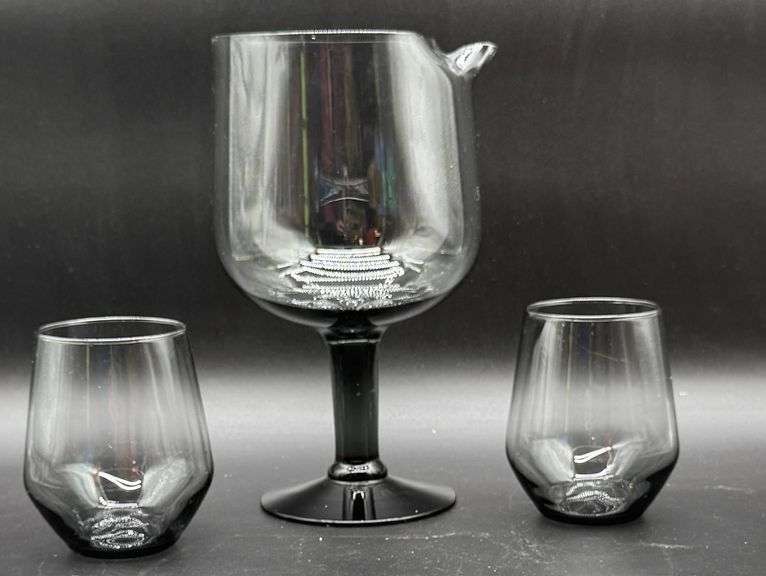 Libby Black Glass Pitcher and Two Tumblers Set