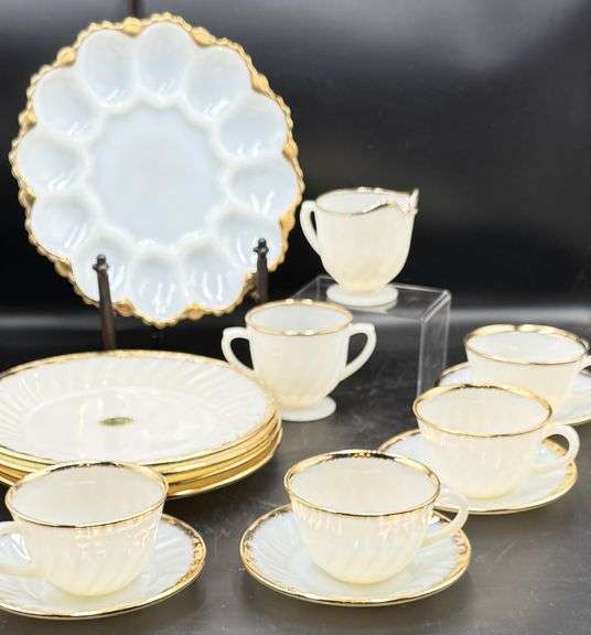 “FIRE KING” White Milk Glass Teacups, Saucers, Plates, and Egg Dish with real Gold Trim