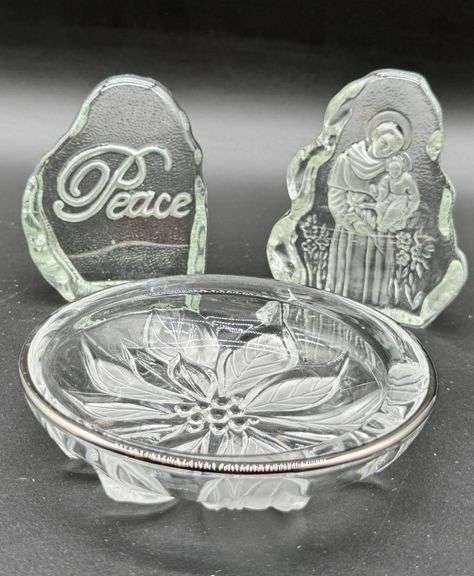 Glass Decorative Items Including Two Plaques and Floral Dish