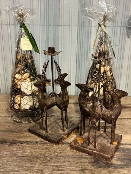 Wire Cone Decor and Metal Reindeer Candle Holders