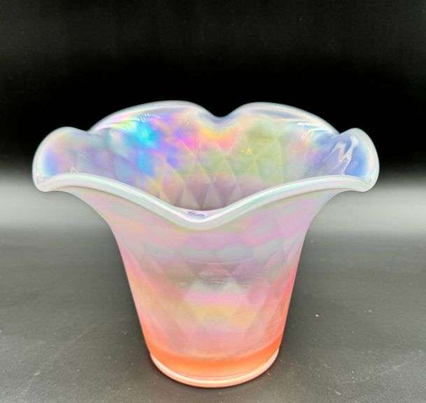 Fenton Iridized Opalescent Diamond Optic Ruffed Vase
