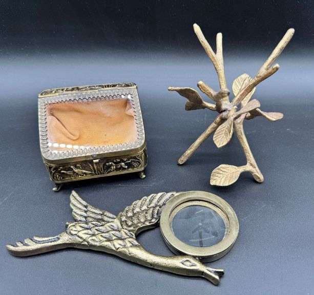 Decorative Brass Items: Jewelry Box, Bird Magnifying Glass, and Branch Holder