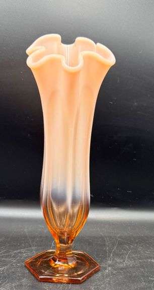 Fostoria Heirloom Peach and Amber-Colored Ruffled Glass Vase