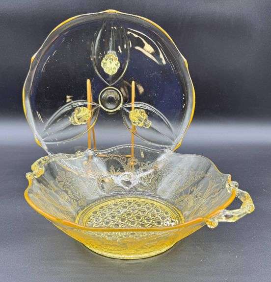 Yellow Depression Glass Serving Bowl with Lid, Etched Floral Design, Handles