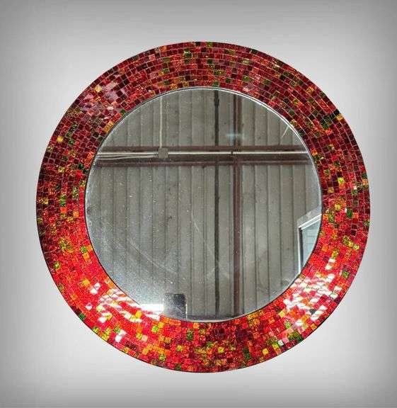 Round Wall Mirror with Red and Green Mosaic Tile Frame