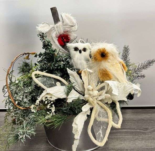 Artificial Holiday Floral Arrangement with Owls and Ribbon Accents