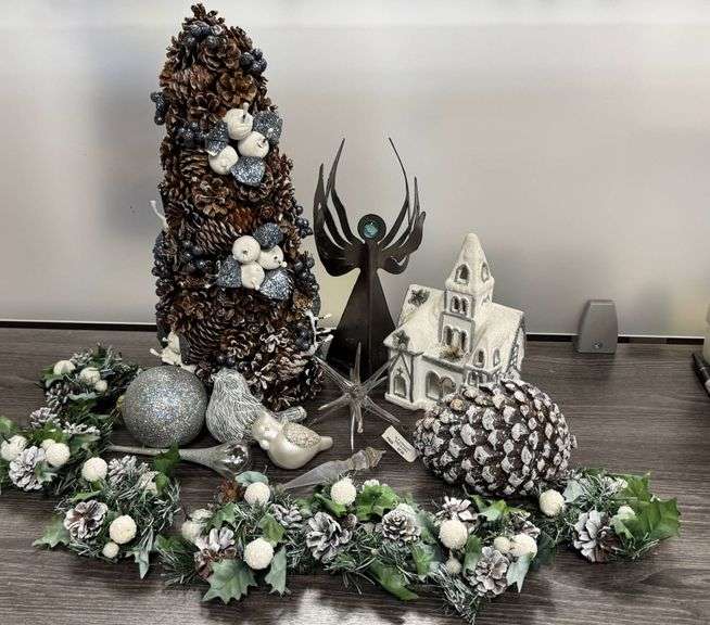Holiday Decorations Including Pine Cone Tree and Ceramic Church