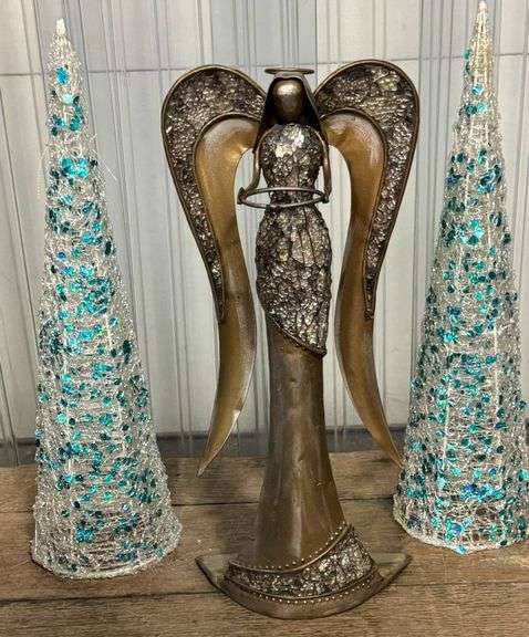 Metallic Angel Figurine with Decorative Trees