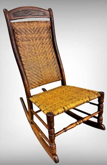 Antique Cane Seat Wooden Rocking Chair with Decorative Backrest