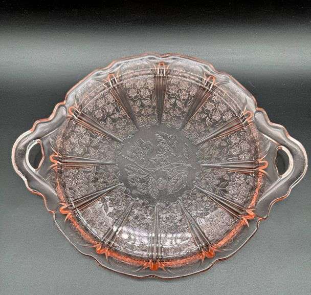 Pink Depression Glass Plate with Handles and Floral Etching