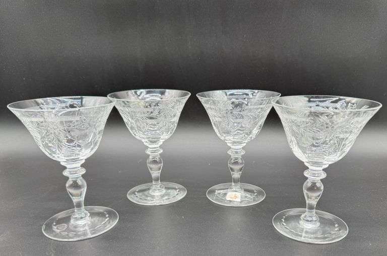 4 Hawkes Etched Crystal Wine Glasses, Signed on Base