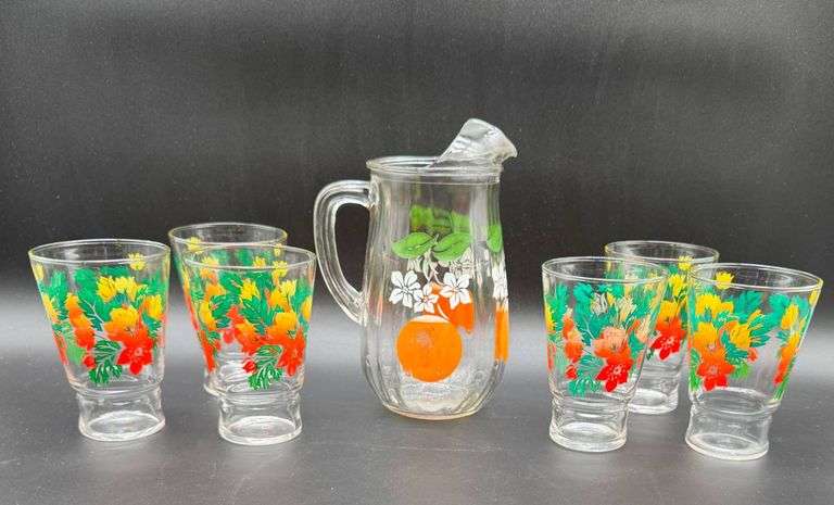 Vintage Seven-Piece Glassware Set with Floral and Orange Motif