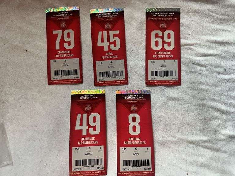 A lot of five Ohio State tickets from the 2015 season.