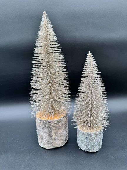 Two Decorative Bottle Brush Trees with Wooden Bases