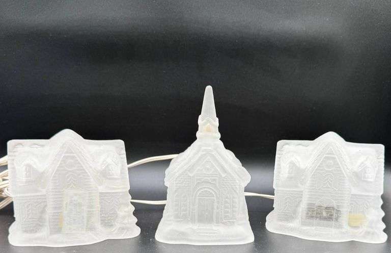 Three Frosted Glass Christmas Village Houses with Lights