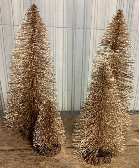 Three Gold Bottle Brush Trees of Varying Sizes