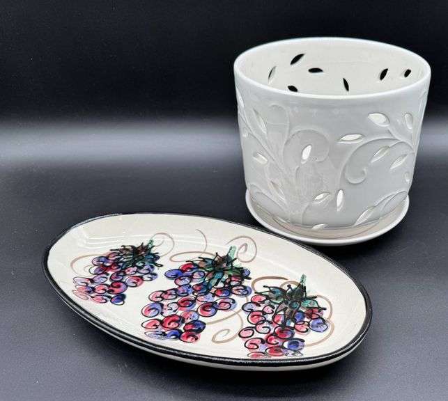 Hand-Painted Ceramic Tray and Decorative White Ceramic Planter