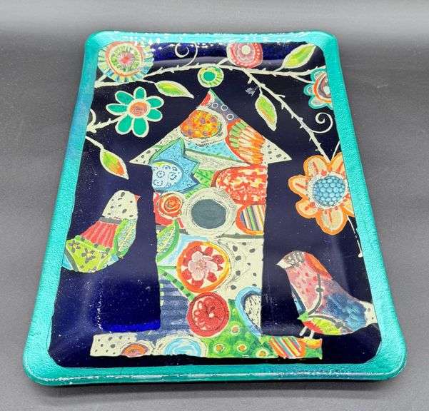Decorative Glass Tray Featuring Birdhouse and Floral Design