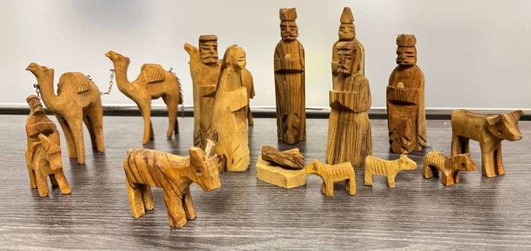 Hand-Carved Wooden Nativity Scene with Figures and Animals