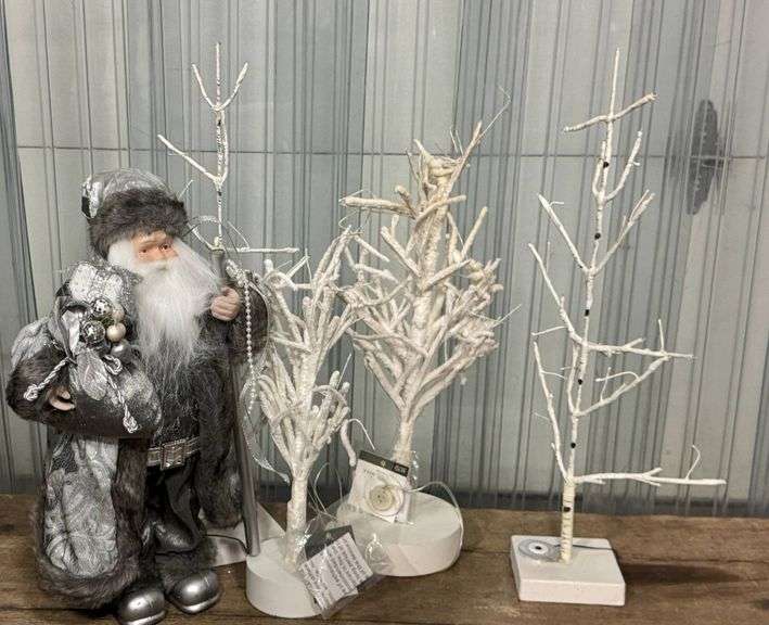 Christmas Decor Set with Santa Figurine and Lighted White Trees