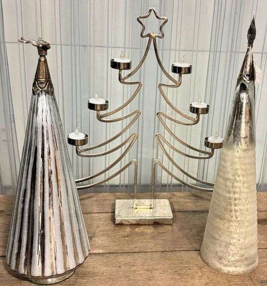 2 Metal Christmas Trees and 1 Metal Candle Holder with Tree Design