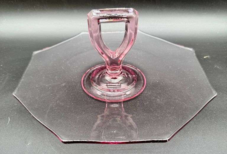 Pink Depression Glass Serving Tray with Octagonal Design and Handle