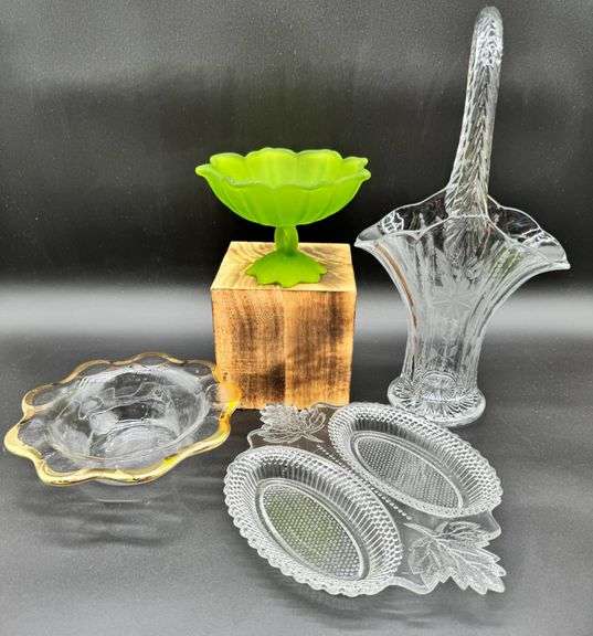 Four Decorative Glass and Westmoreland Green Compote