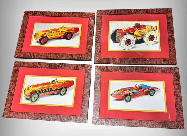 Four Lithographs of Vintage Race Cars in Red Frames
