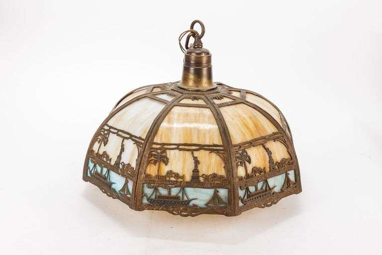 Incredible NYC Harbor Scene Slag Glass Hanging Pendant Lamp