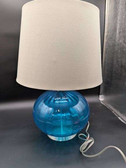 Blue Glass Table Lamp with Shade and Metal Accents