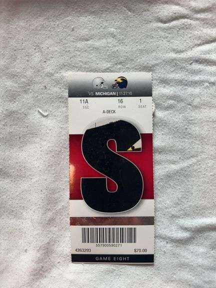 A 2010 game ticket for Ohio State versus Michigan.