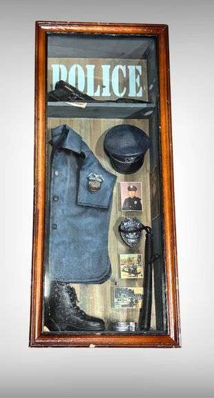 Framed Police Memorabilia Display with Uniform and Accessories