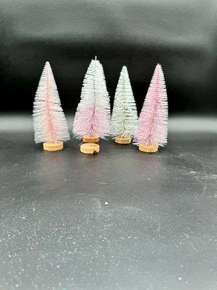 Four Pink and White Bottle Brush Trees with Wooden Bases