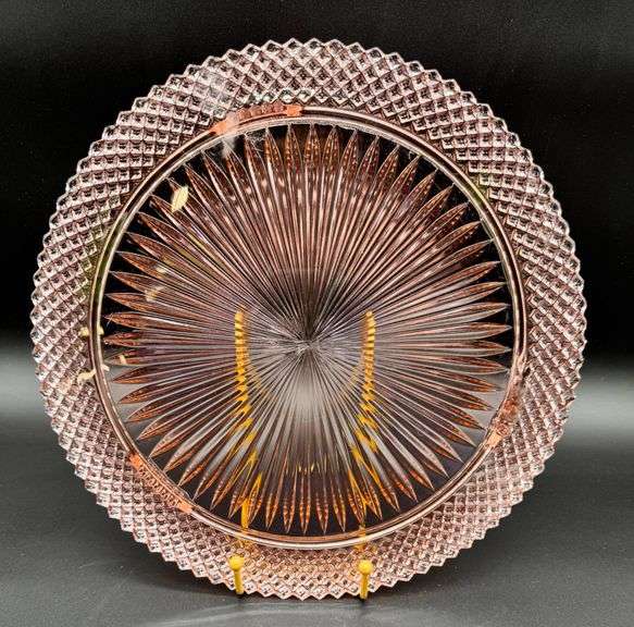 Miss America Pink Depression Glass Plate with Diamond and Starburst Patterns
