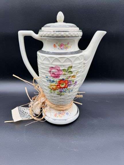 Decorative Floral Ceramic Teapot with Metal Base
